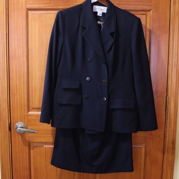 San Louis Black Wool Skirt Suit Blazer Jacket Set 14 Career Formal Funeral Suit - Picture 2 of 13